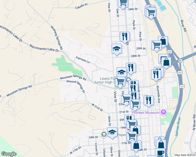 map of restaurants, bars, coffee shops, grocery stores, and more near 2431 Royal Court in Paso Robles
