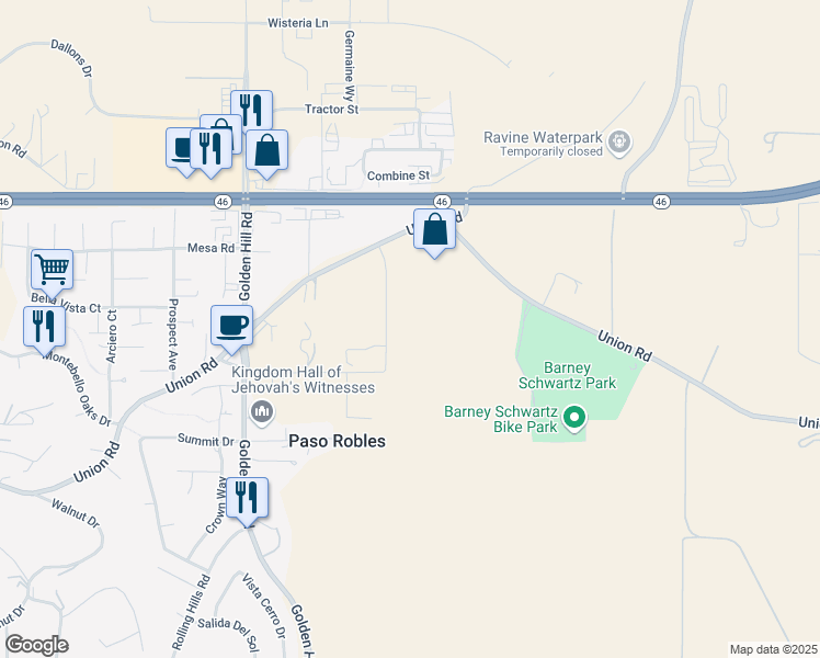 map of restaurants, bars, coffee shops, grocery stores, and more near 2 Paso Robles Road in Paso Robles