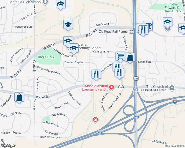 map of restaurants, bars, coffee shops, grocery stores, and more near 2712 Galisteo Court in Santa Fe