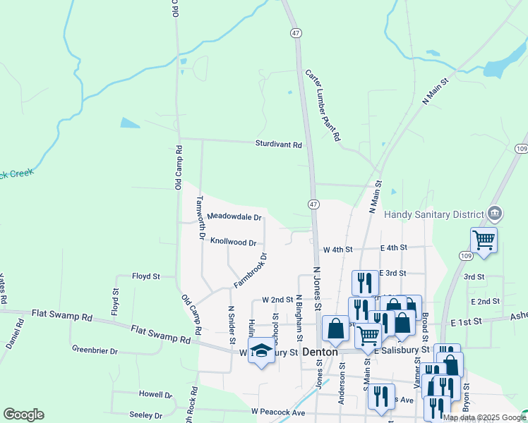 map of restaurants, bars, coffee shops, grocery stores, and more near 10 Meadowdale Drive in Denton