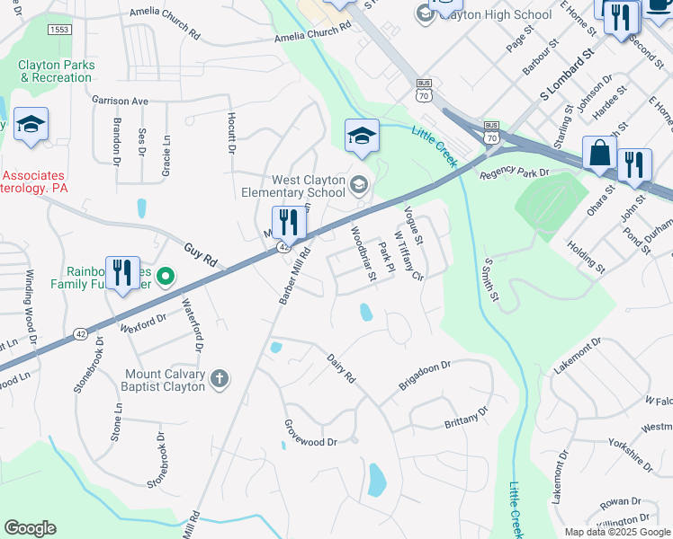 map of restaurants, bars, coffee shops, grocery stores, and more near 601 Lakeview Drive in Clayton