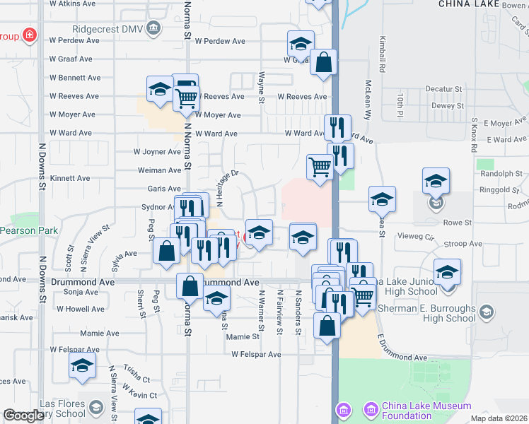 map of restaurants, bars, coffee shops, grocery stores, and more near 224 Washington Way in Ridgecrest