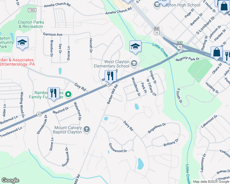 map of restaurants, bars, coffee shops, grocery stores, and more near 5 Cheltenham Drive in Clayton