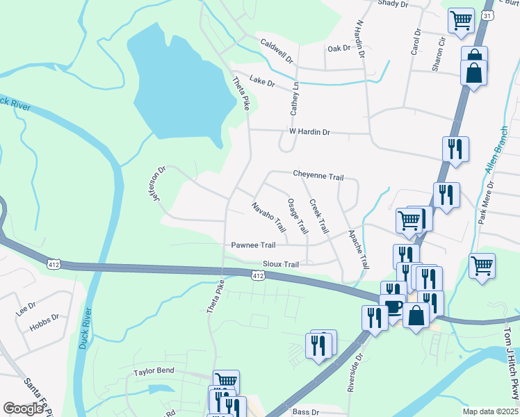 map of restaurants, bars, coffee shops, grocery stores, and more near 213 Navaho Trail in Columbia