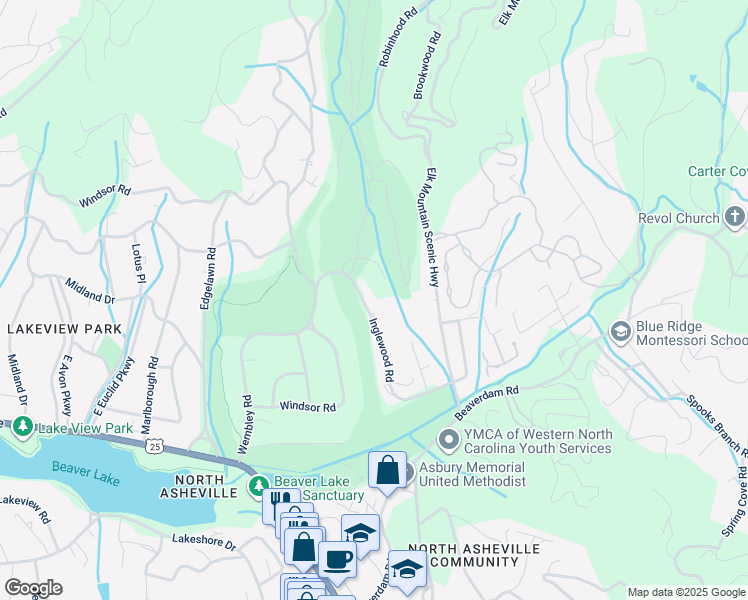 map of restaurants, bars, coffee shops, grocery stores, and more near 55 Inglewood Road in Asheville