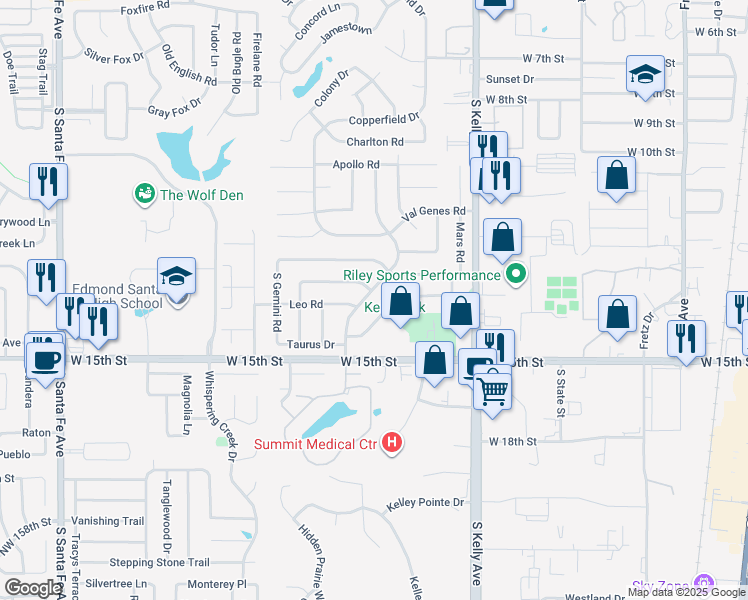 map of restaurants, bars, coffee shops, grocery stores, and more near 1206 Taurus Drive in Edmond