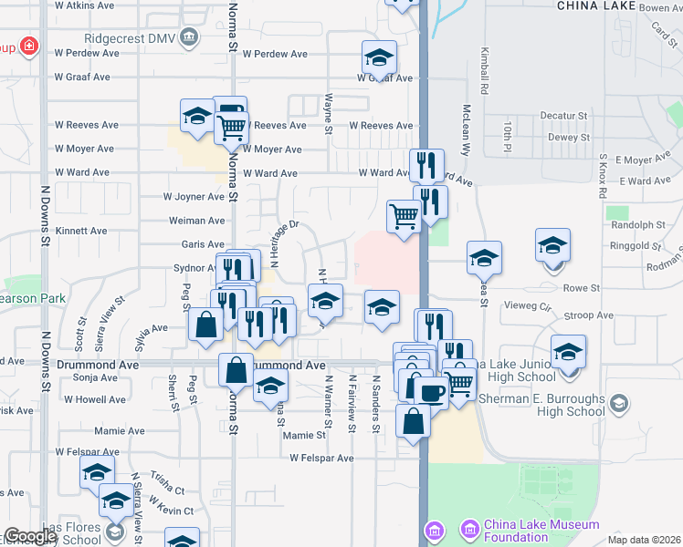 map of restaurants, bars, coffee shops, grocery stores, and more near 224 Washington Way in Ridgecrest