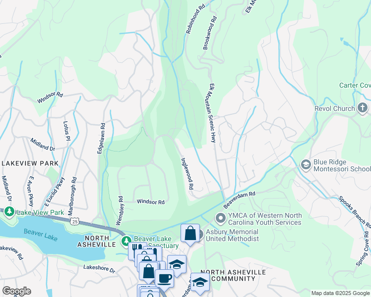 map of restaurants, bars, coffee shops, grocery stores, and more near 55 Inglewood Road in Asheville