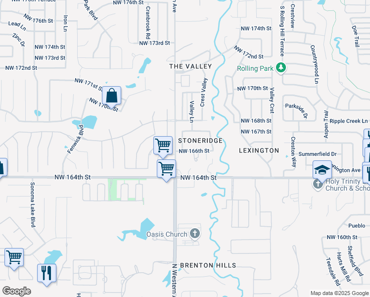 map of restaurants, bars, coffee shops, grocery stores, and more near 1037 Northwest 166th Street in Edmond