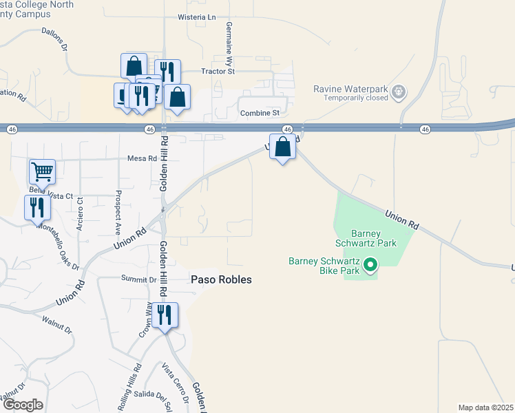 map of restaurants, bars, coffee shops, grocery stores, and more near 2930 Union Road in Paso Robles