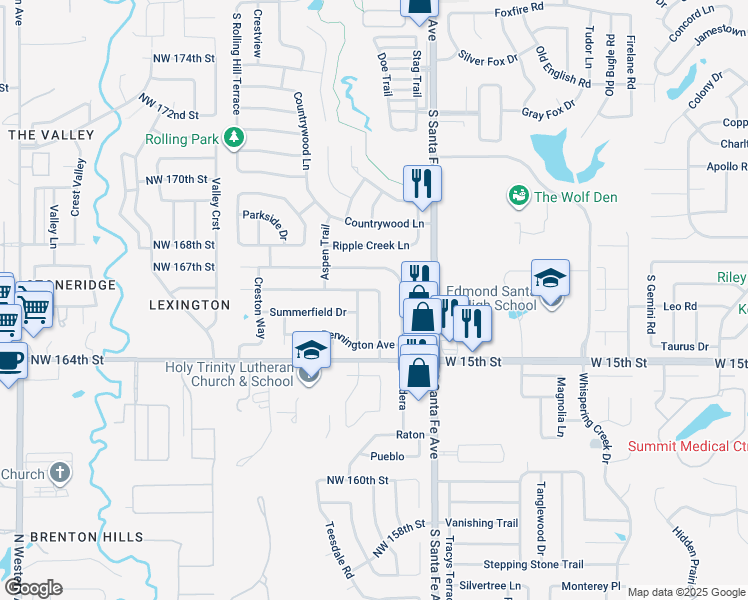 map of restaurants, bars, coffee shops, grocery stores, and more near 1305 Greenfield Drive in Edmond