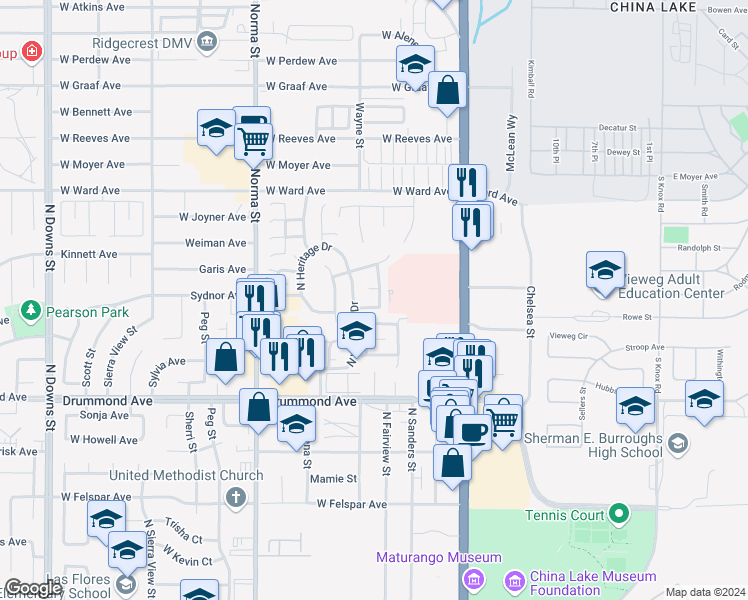 map of restaurants, bars, coffee shops, grocery stores, and more near 228 West Yellowstone Place in Ridgecrest