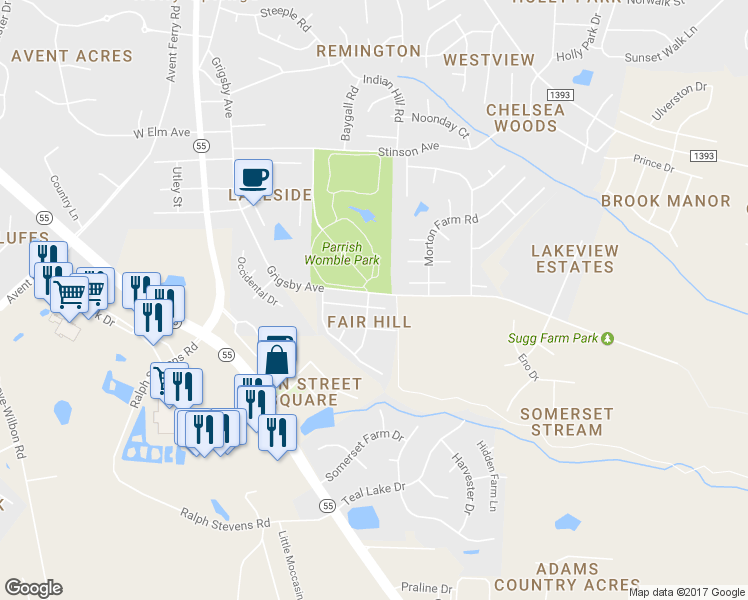 map of restaurants, bars, coffee shops, grocery stores, and more near 201 Pine Orchard Court in Holly Springs