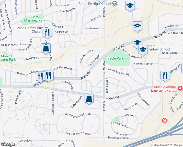 map of restaurants, bars, coffee shops, grocery stores, and more near 2702 Avenue Del Sol in Santa Fe