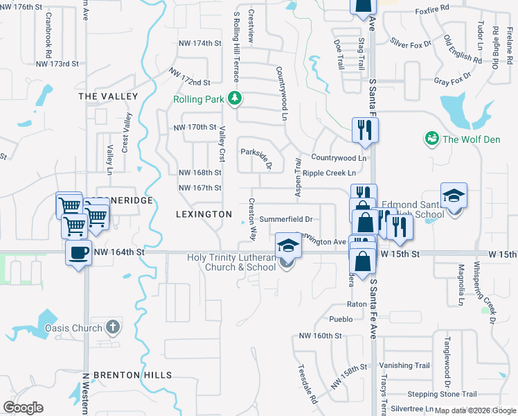 map of restaurants, bars, coffee shops, grocery stores, and more near 2808 Summerfield Drive in Edmond