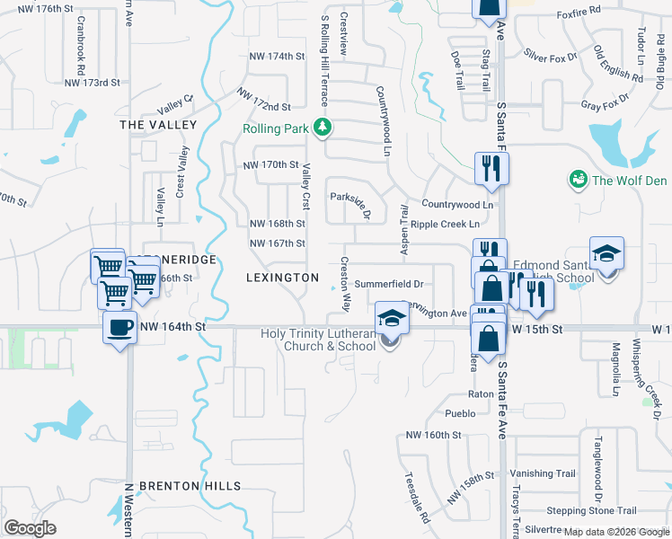 map of restaurants, bars, coffee shops, grocery stores, and more near 16600 Valley Crest in Edmond