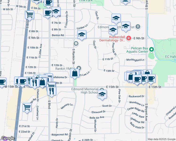 map of restaurants, bars, coffee shops, grocery stores, and more near 616 Mary Lee Lane in Edmond