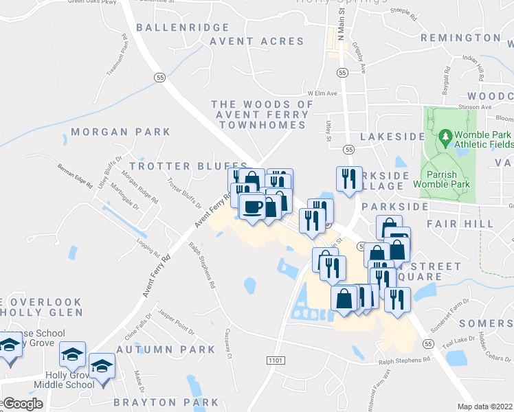 map of restaurants, bars, coffee shops, grocery stores, and more near 308 Village Walk Dr in Holly Springs