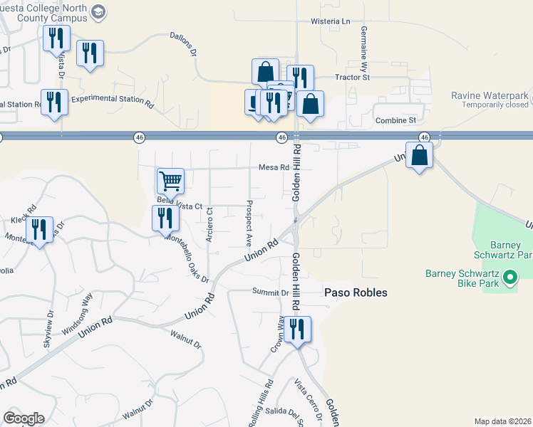 map of restaurants, bars, coffee shops, grocery stores, and more near 2050 Prospect Avenue in Paso Robles