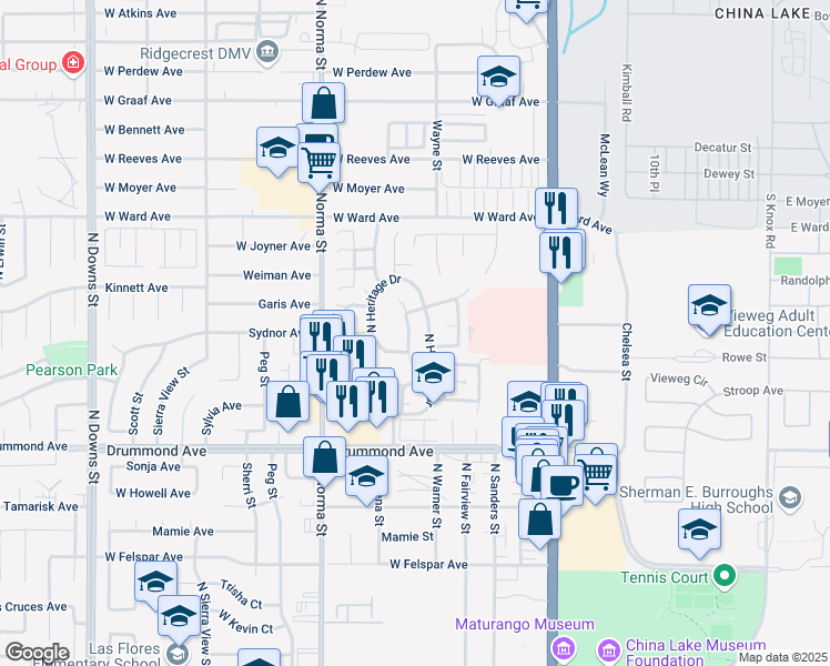 map of restaurants, bars, coffee shops, grocery stores, and more near 1040 Meadowview Lane in Ridgecrest