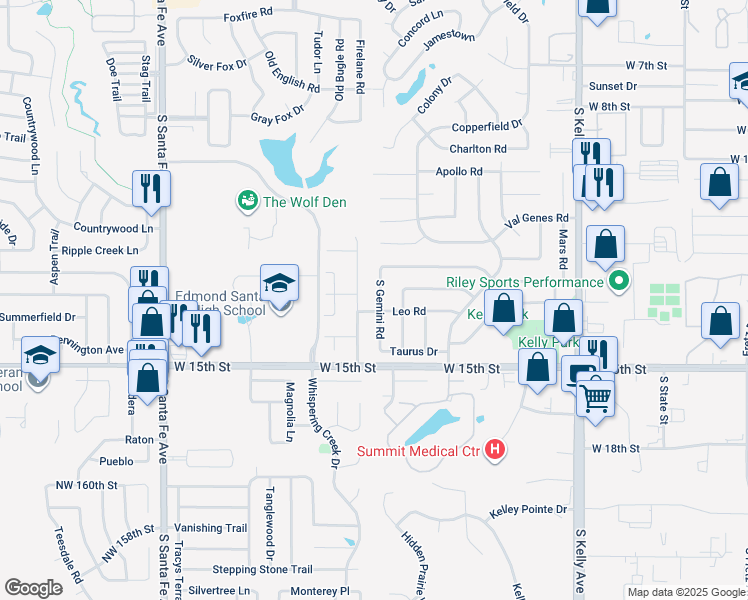 map of restaurants, bars, coffee shops, grocery stores, and more near 1225 South Gemini Road in Edmond