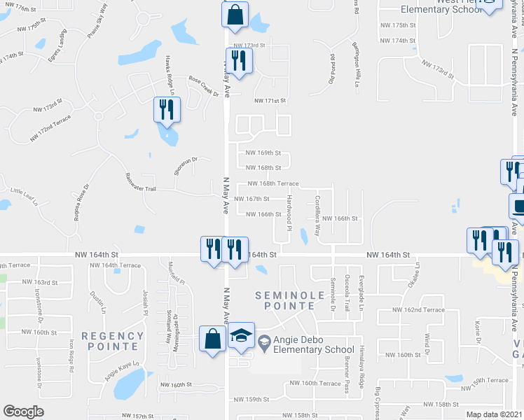 map of restaurants, bars, coffee shops, grocery stores, and more near 2813 Northwest 166th Street in Edmond