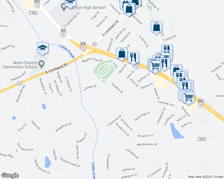 map of restaurants, bars, coffee shops, grocery stores, and more near 543 Holding Street in Clayton