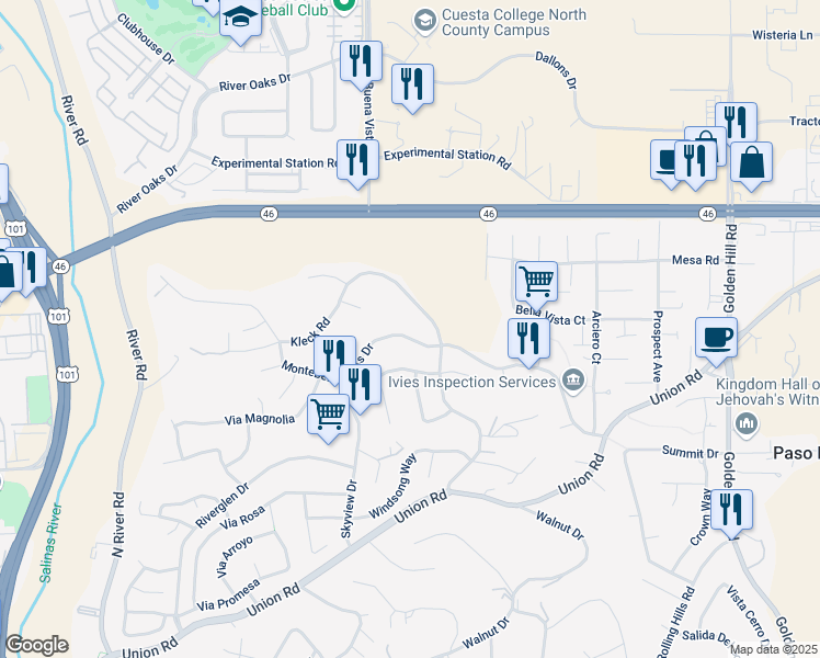 map of restaurants, bars, coffee shops, grocery stores, and more near 317 Montebello Oaks Drive in Paso Robles