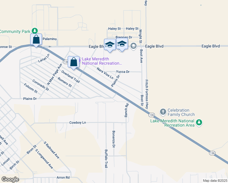 map of restaurants, bars, coffee shops, grocery stores, and more near 106 Plains Drive in Fritch