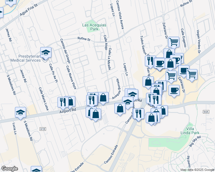 map of restaurants, bars, coffee shops, grocery stores, and more near 1423 Acequia Borrada West in Santa Fe