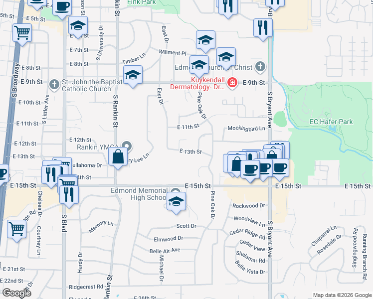 map of restaurants, bars, coffee shops, grocery stores, and more near 1225 Pine Oak Circle in Edmond