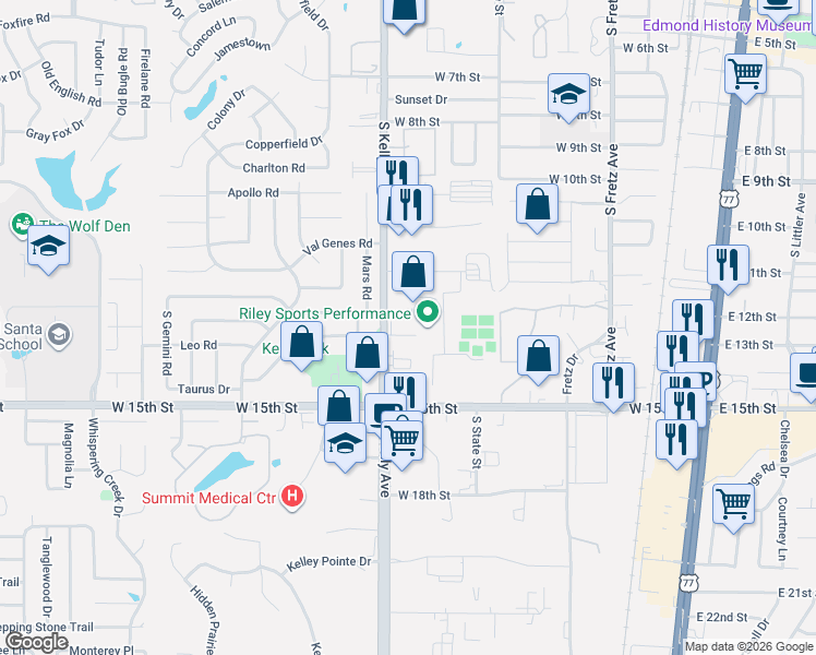 map of restaurants, bars, coffee shops, grocery stores, and more near 1200 South Kelly Avenue in Edmond