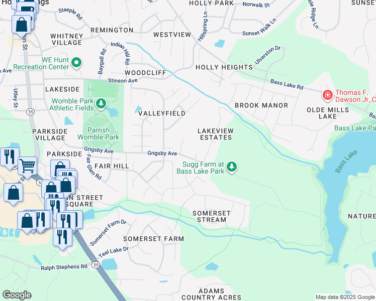 map of restaurants, bars, coffee shops, grocery stores, and more near 1817 Grigsby Avenue in Holly Springs