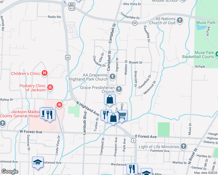 map of restaurants, bars, coffee shops, grocery stores, and more near 1102 Campbell Street in Jackson