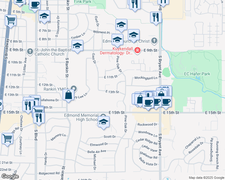 map of restaurants, bars, coffee shops, grocery stores, and more near 1225 Pine Oak Circle in Edmond