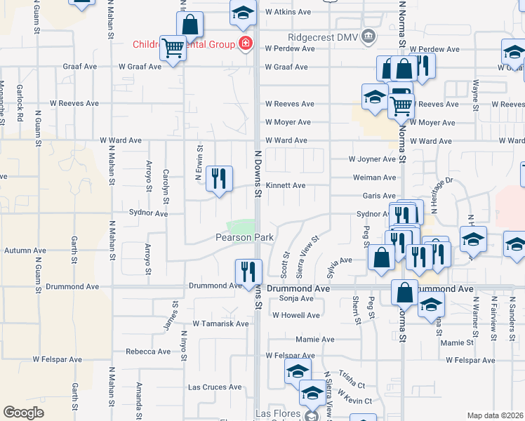 map of restaurants, bars, coffee shops, grocery stores, and more near 1114 Randall Street in Ridgecrest