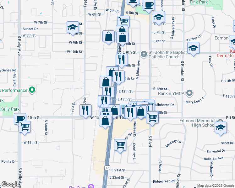 map of restaurants, bars, coffee shops, grocery stores, and more near 21 East 12th Street in Edmond