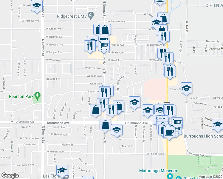 map of restaurants, bars, coffee shops, grocery stores, and more near 419 Tepatitlan Court in Ridgecrest