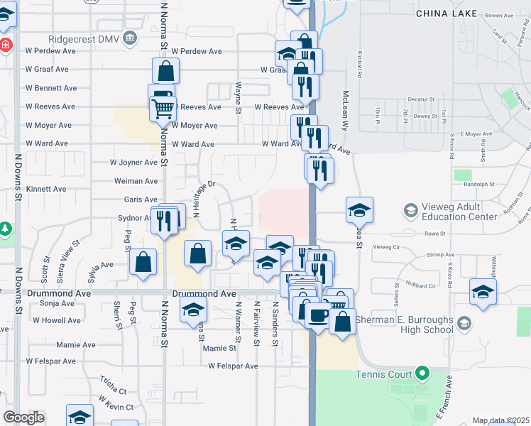 map of restaurants, bars, coffee shops, grocery stores, and more near 1131 North China Lake Boulevard in Ridgecrest