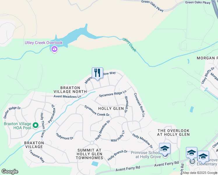 map of restaurants, bars, coffee shops, grocery stores, and more near 201 Avent Meadows Lane in Holly Springs