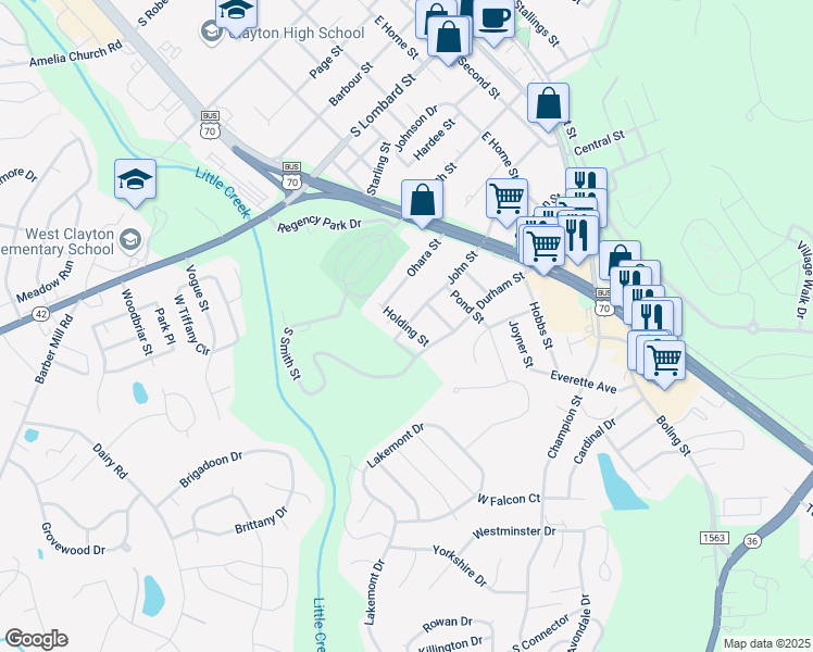 map of restaurants, bars, coffee shops, grocery stores, and more near Holding Street in Clayton