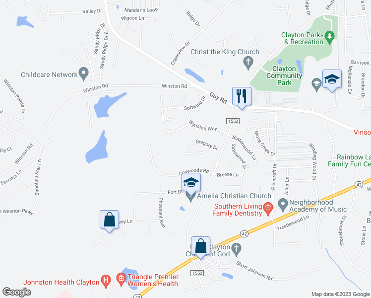 map of restaurants, bars, coffee shops, grocery stores, and more near 250 Gregory Drive in Clayton