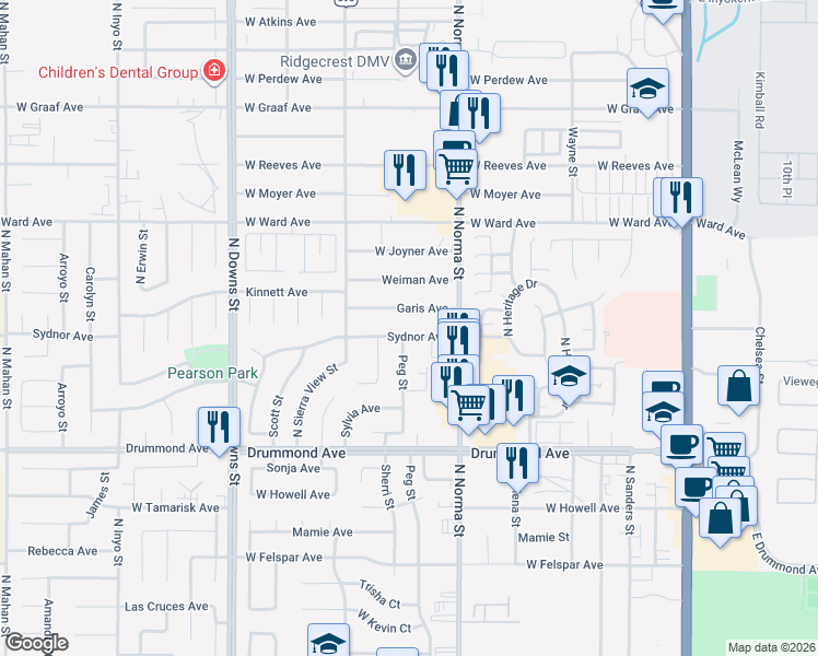 map of restaurants, bars, coffee shops, grocery stores, and more near 543 Garis Avenue in Ridgecrest