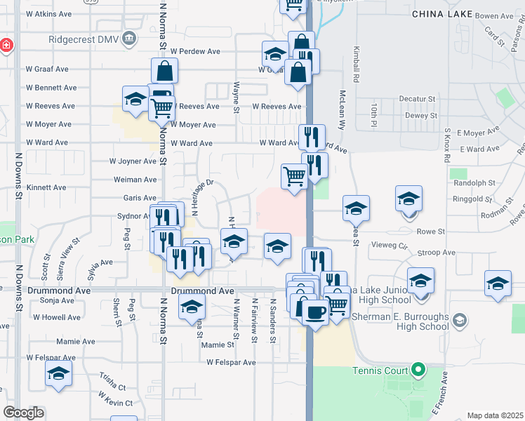map of restaurants, bars, coffee shops, grocery stores, and more near 1131 North China Lake Boulevard in Ridgecrest