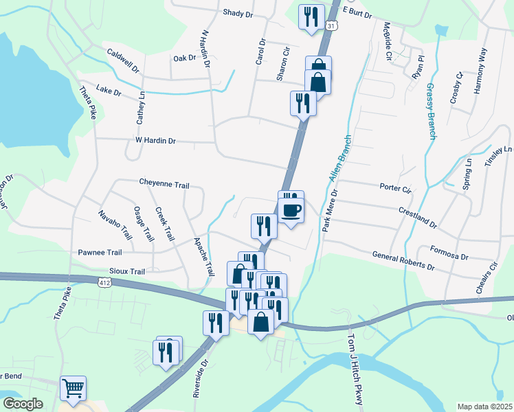 map of restaurants, bars, coffee shops, grocery stores, and more near 110 Park Circle in Columbia