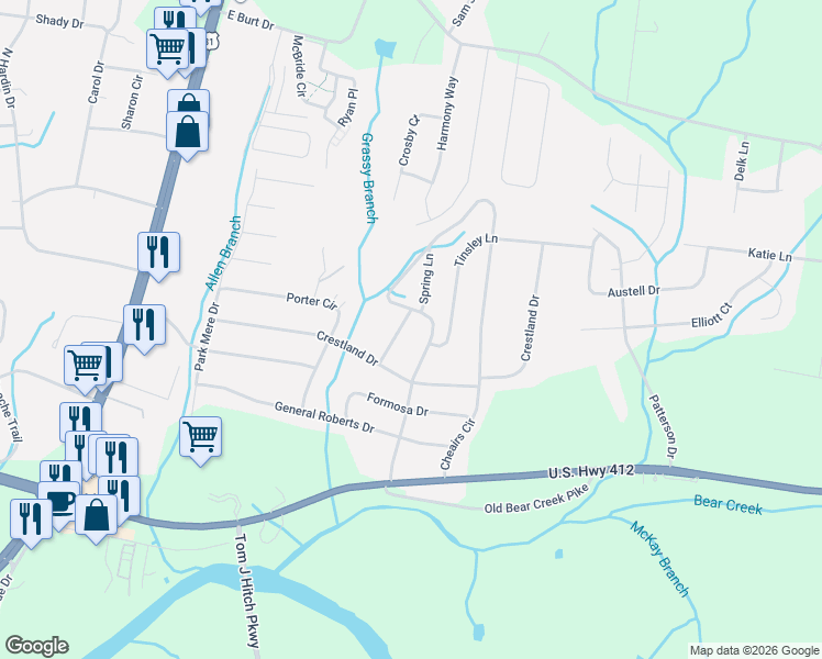 map of restaurants, bars, coffee shops, grocery stores, and more near 500 Spring Lane in Columbia