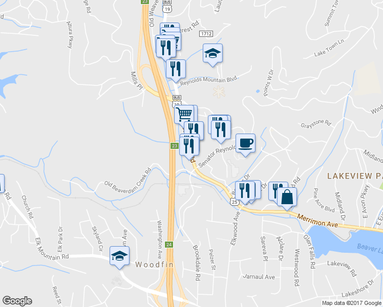 map of restaurants, bars, coffee shops, grocery stores, and more near 85 Weaverville Hwy in Asheville
