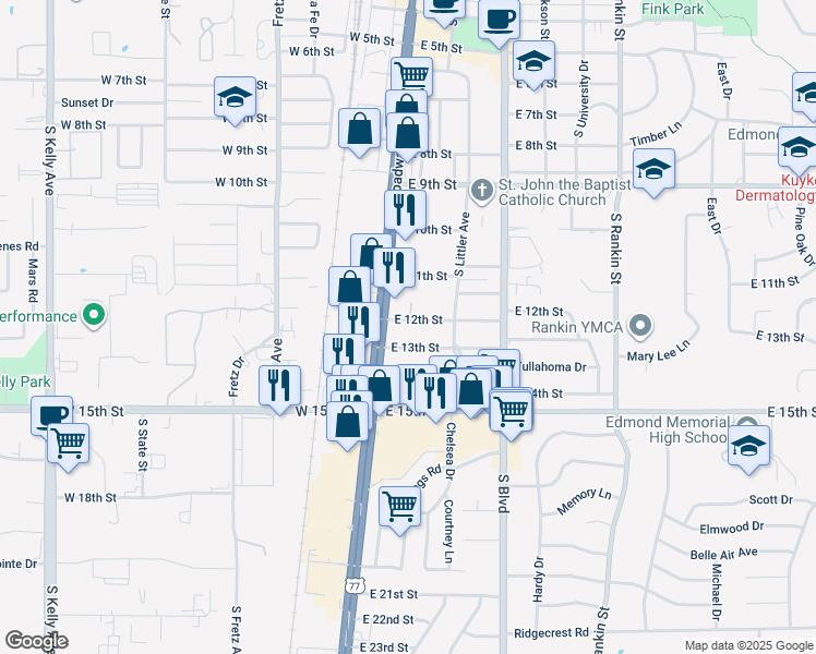 map of restaurants, bars, coffee shops, grocery stores, and more near 26 East 12th Street in Edmond