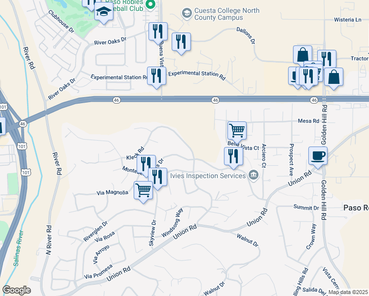 map of restaurants, bars, coffee shops, grocery stores, and more near 1909 Kleck Road in Paso Robles