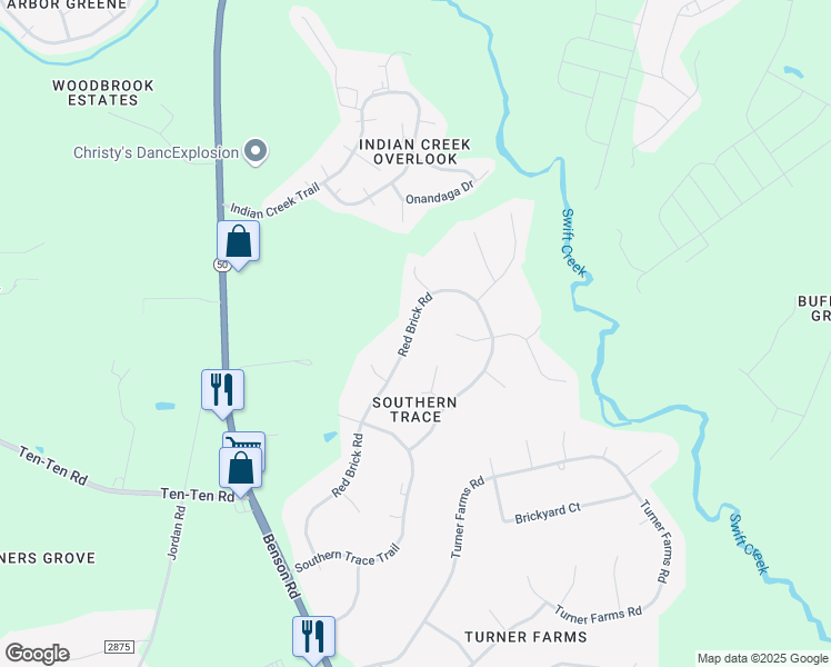 map of restaurants, bars, coffee shops, grocery stores, and more near 1308 Red Brick Road in Garner